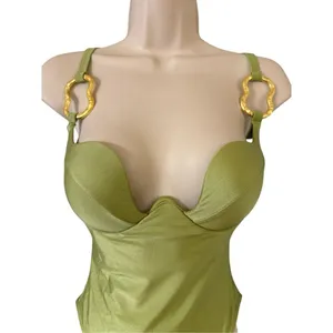 Olive green one piece swimsuit gold tone metal accents size small thumbnail 2