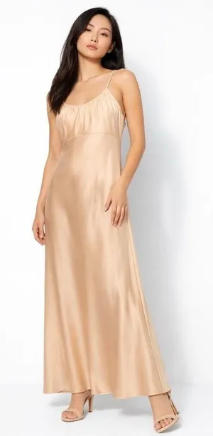 Women's Beige Satin Slip Maxi‎ Dress M Clean Girl Scandi Quiet Luxury Balletcore thumbnail 1