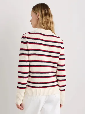 NWT Quince 100% Organic Cotton Roll Neck Sweater Off White/Navy/Red Stripe Sz XS thumbnail 3