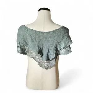 Chloé Boho Knit Fringe Poncho Wrap Women OS Gray Mesh Shawl Capelet V-Neck thumbnail 3