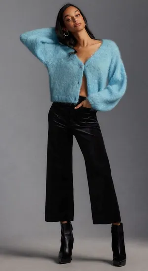 Anthropologie Maeve Colette Velvet Wide-Leg Pants Trousers Crop Black Size 26 thumbnail 1