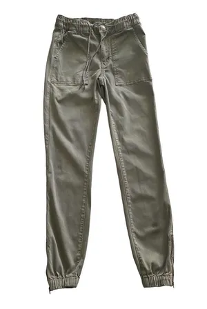 American Eagle -ARMY GREEN JOGGER PANTS-SIZE 2 Elastic waist with drawstring, zip front, two front and two back pockets, elastic ankles with a side zipper, excellent condition Measurements: Waist: side to side 13-16 inches Rise: 9 inches Inseam: 37 inches thumbnail 1