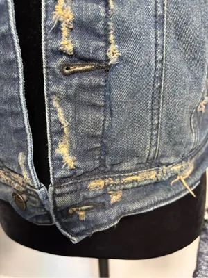 Free People Distressed Denim Jean Jacket W/ Knit Sleeves & Hood thumbnail 5