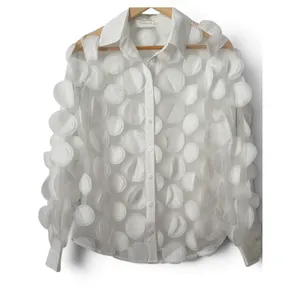 White Sheer Mesh 3D Applique Floral Button Down Blouse Long Sleeve Top M thumbnail 4