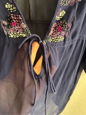 Anthropologie Saivana Silk Beaded Sheer Embroidered V-Neck Peasant Navy Blouse M thumbnail 7