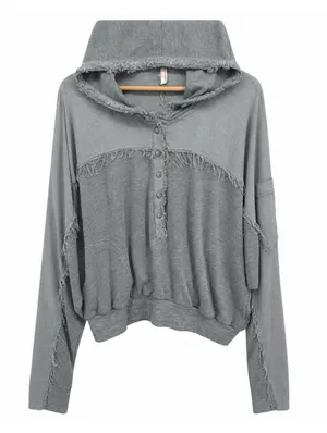 FP Movement by Windy Meadows Washed Gray Frayed Henley Hoodie thumbnail 3