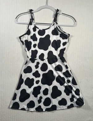 Women’s XS Black White Cow Print Mini Dress Spaghetti Strap Skater Casual thumbnail 1