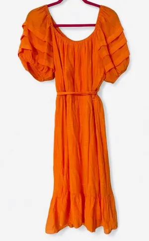 Luxology Vibrant Orange Tiered Puff Sleeve Midi Dress M Tie Waist Cottagecore thumbnail 1