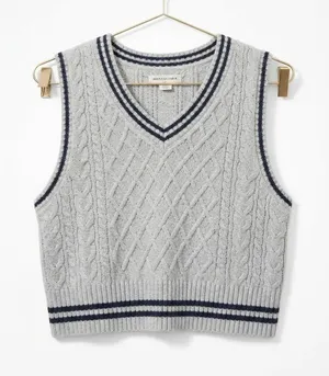 American Eagle Women Sweater Vest Small Gray Cotton Varsity Cable Knit Cropped thumbnail 1