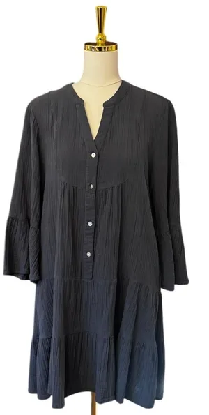 Quince Organic Cotton Gauze Tiered Mini Dress Indigo Blue Cottagecore Boho Med thumbnail 1