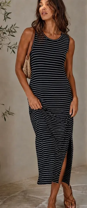Madewell Women Black White Stripe Midi Stretch Tank Dress Sz XS Viscose Coastal thumbnail 1