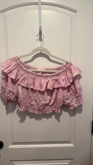 Love Shack Fancy pink floral set, Audrille crop top size M and Brenner tiered maxi skirt size M thumbnail 2