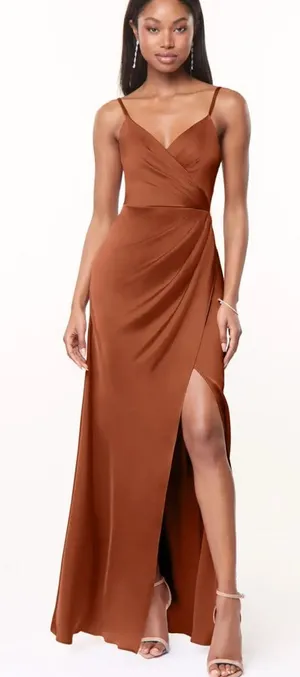 NWT Azazie Maci Bridesmaid Dress Size A6 Cedar Rose Pleated Stretch Satin Gown thumbnail 1