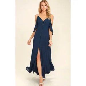 Lulus Navy Blue Ruffle V Neck Drapey Cold Shoulder Bridesmaid Maxi Dress Size S thumbnail 6