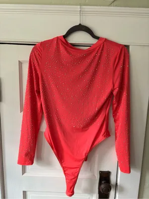 Hot Pink Long Sleeve Rhinestone One-Piece thumbnail 2