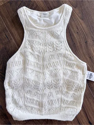 Abercrombie & Fitch White Crochet Knit High Neck Tank Top NWT Medium thumbnail 8
