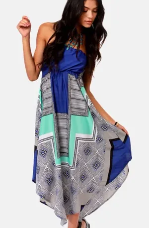 Roxy Floating by Strapless Blue Print handkerchief Dress Nordstrom Large thumbnail 1