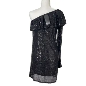 Nasty Gal One Shoulder Long Sleeve Black Sequin‎ Mini Dress Size Large New thumbnail 3