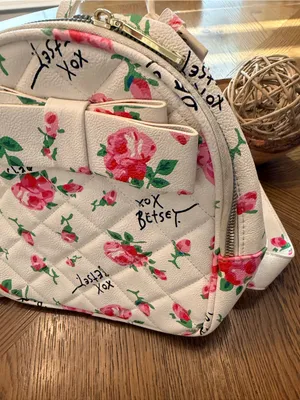 Betsey Johnson Floral Mini Backpack White Pink Roses Bow Purse thumbnail 4