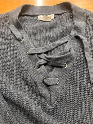 Women Lace-Up V-Neck Knit Sweater - Charcoal Gray thumbnail 3