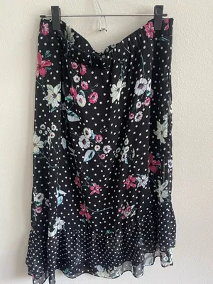 Floral Polka Dot Midi Skirt - Black with Pink & Mint Flowers Size XL thumbnail 7