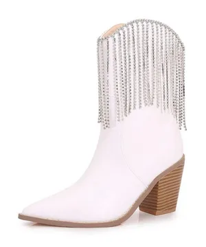 Berness Cow Girl Boots Size 5.5 Pointed Toe Block Heel Rhinestone‎ Fringe thumbnail 1