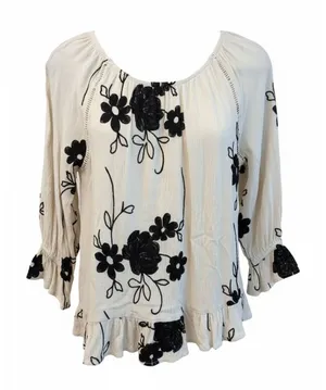 LIV LA Small Cottagecore Embroidered Floral Ruffle Peplum 3/4 Sleeve B/W Top S thumbnail 1