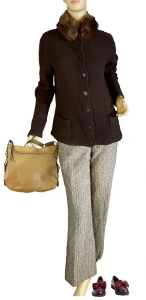Vtg Y2k Lauren Ralph Lauren Brown Lambswool W/Faux Fur Collar Cardigan (L) thumbnail 1