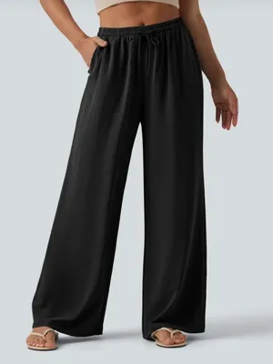 Halara Mid Rise Drawstring Wide Leg Baggy Linen-Feel Pants - Black -Size S ( R ) thumbnail 1