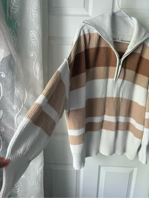 Aerie Beyond Neutral Stripe Knit Oversized Slouchy 1/4 Zip Pullover Sweater S thumbnail 4