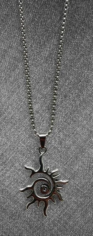 Silver Tone Tribal Sun Spiral Pendant Necklace 20 Inch Chain thumbnail 1
