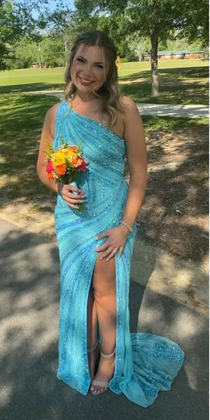 Ashley Lauren Turquoise, one-shouldered, beaded prom or pageant dress thumbnail 1
