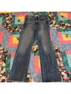 AYR $225 The Bomb Pop Women's W26 Blue Denim Jeans Med Wash Raw Hem Straight Leg thumbnail 5