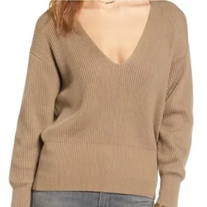 Free People Allure‎ Sweater Small Brown Oversized Deep V Neck Ribbed Knit Boho thumbnail 1