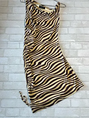 White Fox One-Shoulder Zebra Stripe Mini Dress in Cream and Brown thumbnail 2