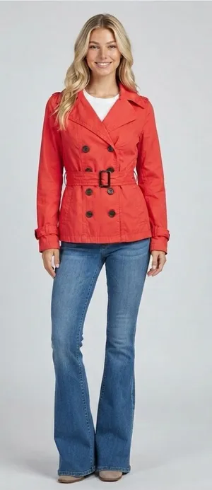 St. John's Bay Womens Sz S Orange Trench Coat Belted Pea Coat Lightweight Cotton thumbnail 1