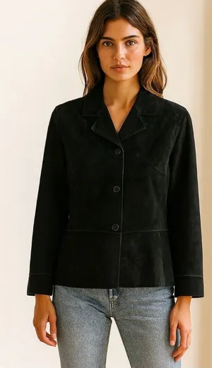 Y2K Black Suede Leather Jacket Oversized French Chic XL thumbnail 1