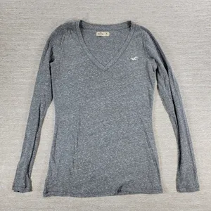 Hollister V Neck Long Sleeve Basic Tee Size M Womens Gray Slim Fit Logo Y2K thumbnail 6