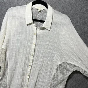 Hem &‎ Thread Ivory Lace Panel Gauze Button Down Shirt Large Boho Romantic Sheer thumbnail 6