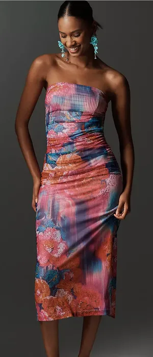 By Anthropologie The Soleil Slim Strapless Ruched Mesh Dress sz. XS thumbnail 1