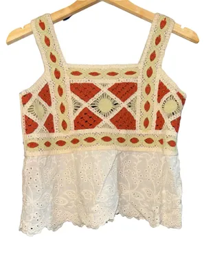 Boho Crochet Babydoll Lace Top XS Festival Cottage Hippie Spring Summer Fairy‎ thumbnail 1