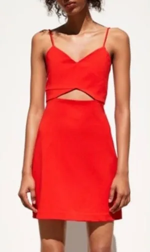 Zara Red Orange Spaghetti Strap‎ Cut Out Cocktail Mini Dress Medium Cotton Blend thumbnail 1
