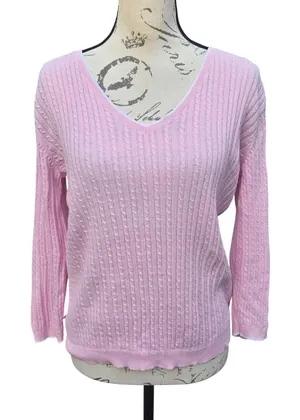 Lauren Ralph Lauren Women's Pink Cable Knit V Neck Sweater‎ 3/4 Sleeve Size S thumbnail 1