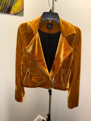 Forever 21 Velvet Moto Jacket Mustard Marigold Cropped Biker Size Small thumbnail 11