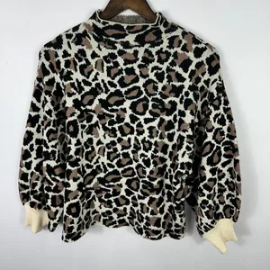 Line & Dot Leopard Sweater Womens Large Tan Black Mock Neck‎ Balloon Sleeve thumbnail 1