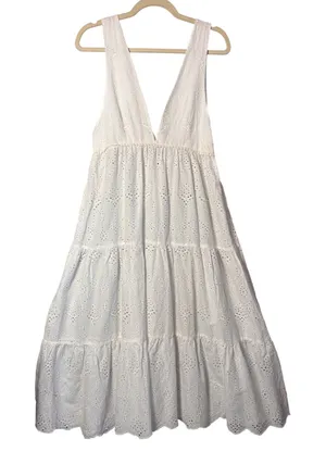 PilyQ Anne Eyelet Dress XS/S White Tiered Maxi Boho Coastal Unlined Coverup thumbnail 1