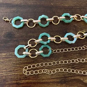 Gold Y2K Green Marbled Hexagon Open Ring Chain Belt, Fits 21-43 Inches, X7GA1356 thumbnail 7