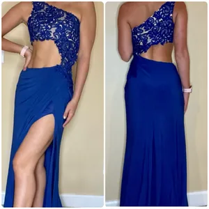 Sherri Hill Royal Blue Jersey One Shoulder Gown Maxi Dress Size 4 J1 thumbnail 2