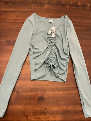 Victoria’s Secret PINK Relay Ruched Long Sleeve Top Small Niagara Falls Teal New thumbnail 1