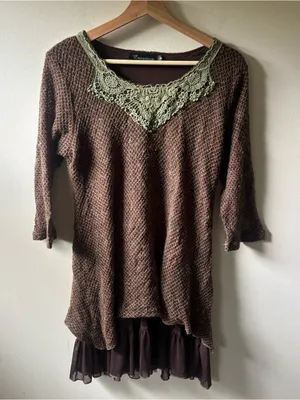 Creation Brown Knit Sweater with Olive Lace Trim thumbnail 1